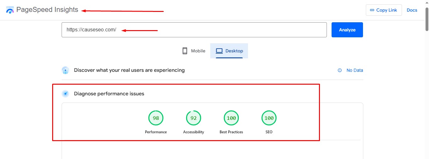 Page Speed Insights for CauseSEO