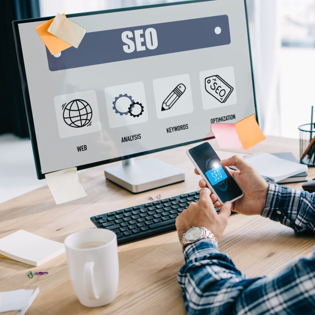 Creating SEO service pages for dentists with keyword analysis and optimization tools on desktop and mobile.