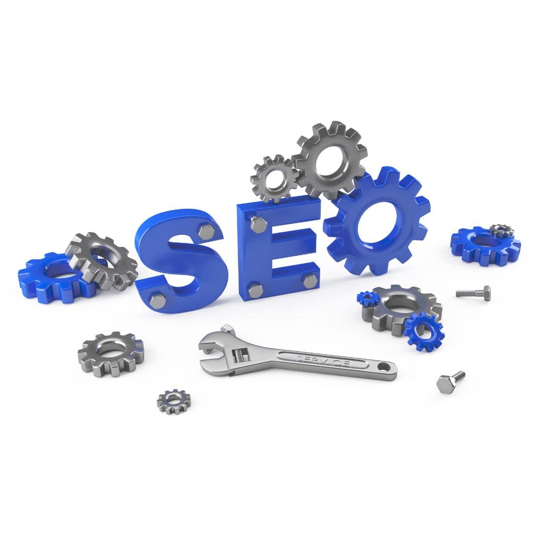 3D gears surrounding the word SEO, symbolizing the tools and techniques involved in optimizing dental blog posts.