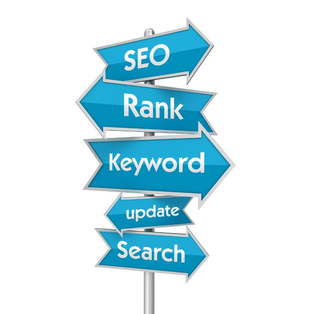 Directional signs labeled SEO, Rank, Keyword, Update, and Search — visually guiding the process of optimizing dental blog posts.