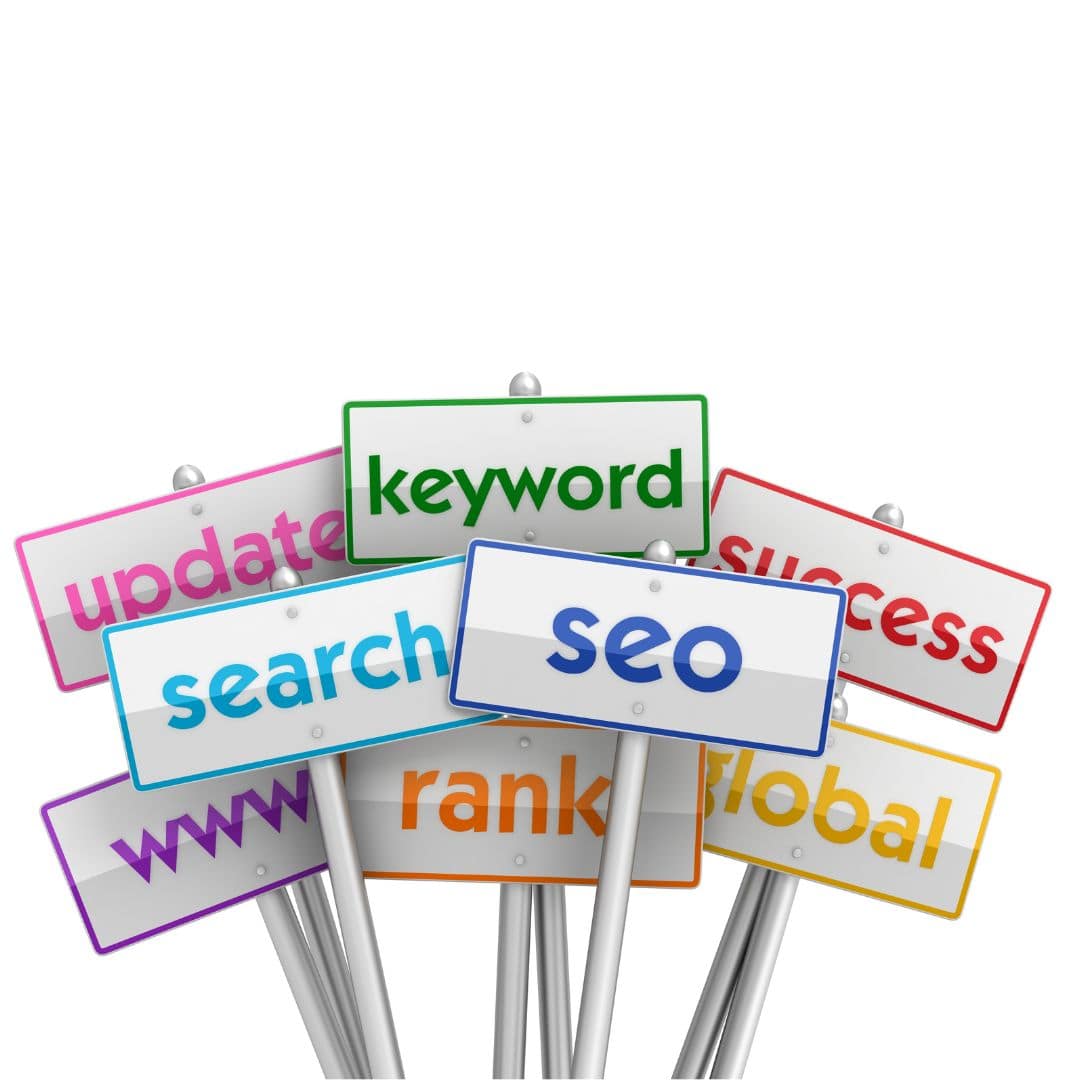 Multiple street signs with SEO-related keywords representing SEO for Dental Offices.
