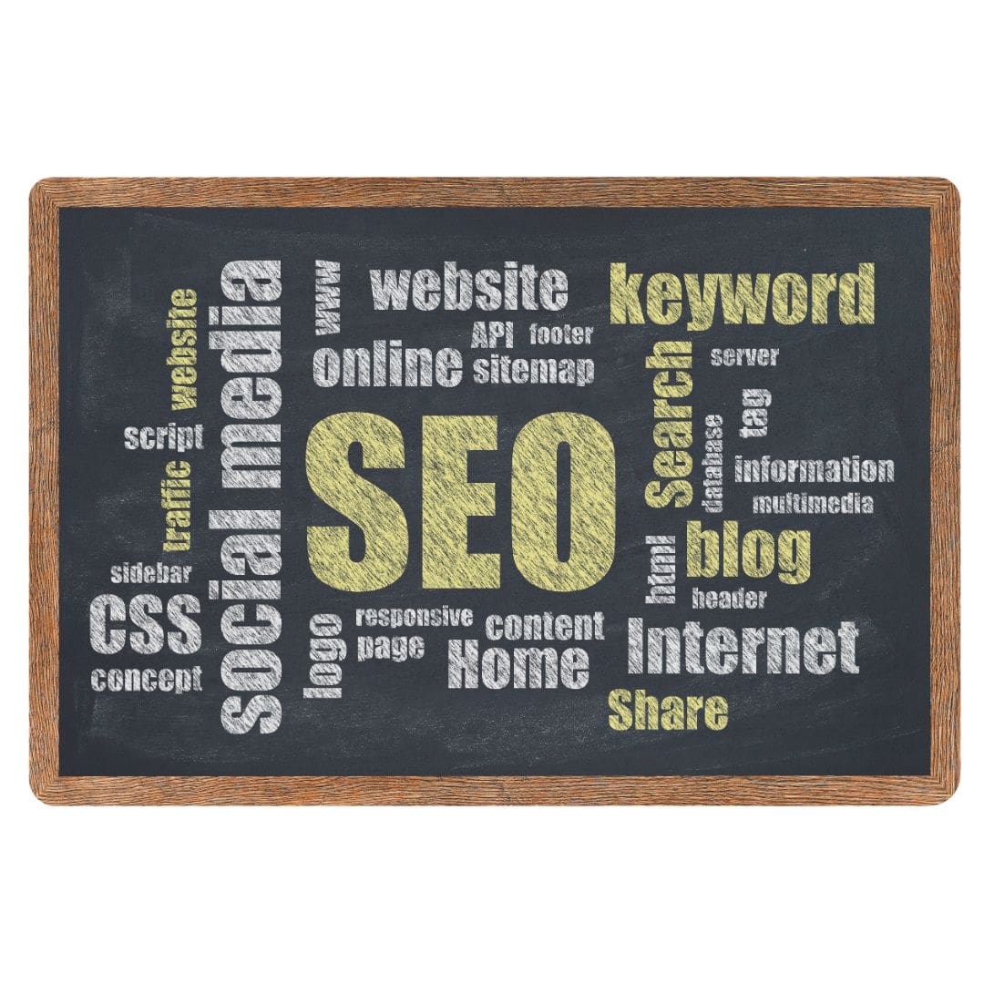 Chalkboard graphic with SEO terminology highlighting strategies for SEO for Dental Offices.