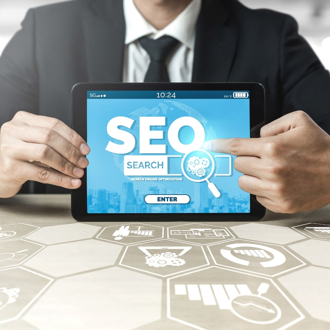 UX in Dental SEO Marketing focusing on search optimization with a tablet display.