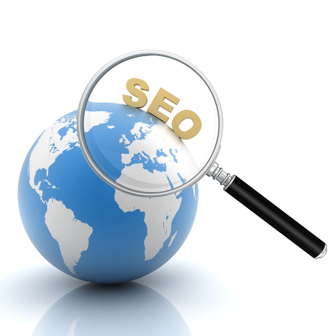 Image SEO Practices for Dental Websites represented by a magnifying glass highlighting SEO on a world map.