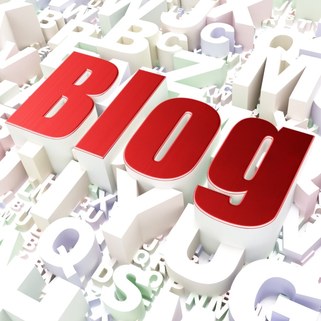 Bold red BLOG text emphasizing the importance of blog content to grow charity website traffic.