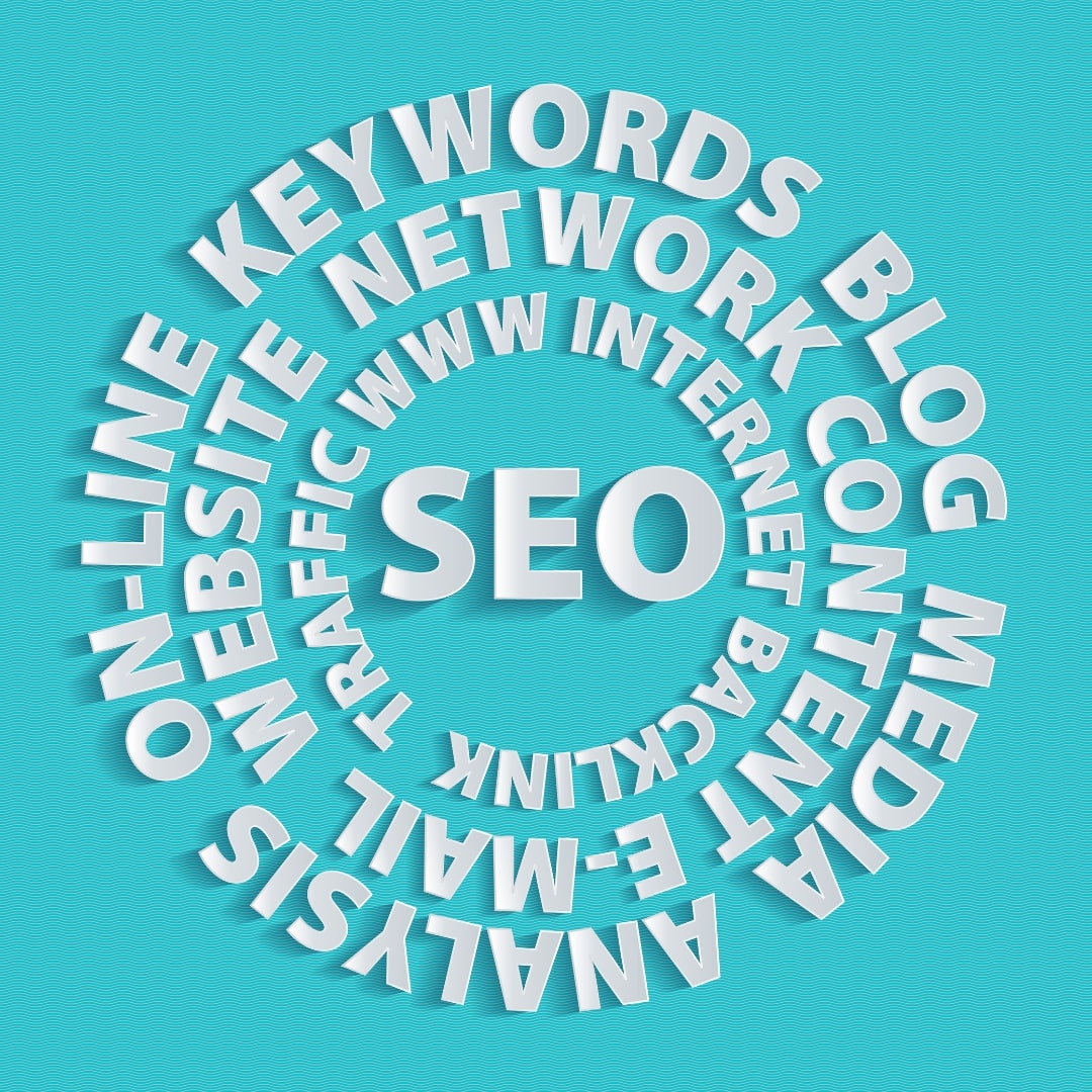 SEO keywords in a circular design highlighting how blog content helps grow charity website traffic.
