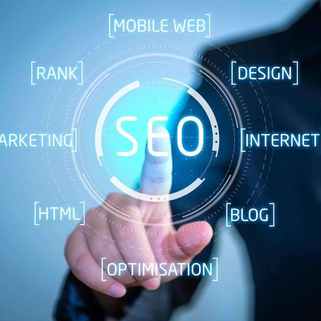Business professional pointing at virtual SEO interface, highlighting Google Business Profile for NGOs in digital marketing.